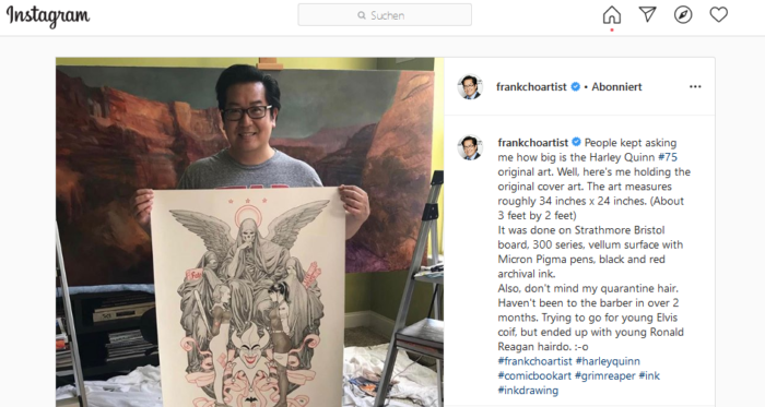 Frank Cho zeigt seine Zeichnung vom Variantcover zu Harley Quinn 75 (Screenshot) | © 2020 Instagram von Facebook | © 2020 Frank Cho